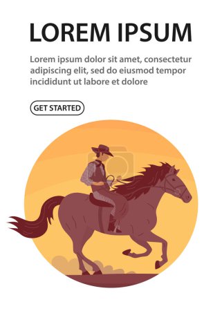 Illustration for Cowboy man in a hat rides a horse. Desert and hot sunset. Wild West, western, rodeo and horse racing. Cartoon vector illustration. Design for website, banner - Royalty Free Image