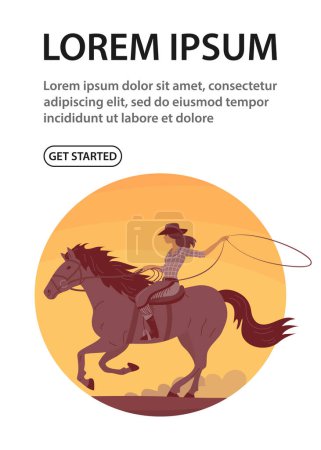 Illustration for Beautiful cowboy girl in a hat rides a horse. Athletic agile woman swinging rope lasso. Wild West, western, rodeo and horse racing. Design for poster, banner, website. Cartoon vector illustration - Royalty Free Image