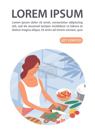 Ilustración de A young woman prepares a homemade dinner in the kitchen. Kitchen table. Cook dinner recipe. Healthy diet food. Home life. Design for banner, website, poster. Vector illustration on white background - Imagen libre de derechos