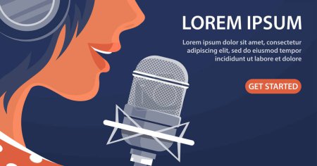 Illustration for Young girl singer in a recording studio. Microphone and headphones. Face closeup. Song and voice. Music album recording, artwork, radio podcast and live. Vector illustration for banner, website - Royalty Free Image