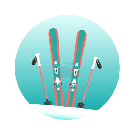 Skis alpins et bâtons dans la neige. Station de ski d'hiver. Ski de montagne. Sports d'hiver et divertissement. Illustration vectorielle plate