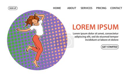 Illustration for Young beautiful girl dancing. Happy female character. Weekend fun. Vector illustration pop art. Design for banner, website - Royalty Free Image