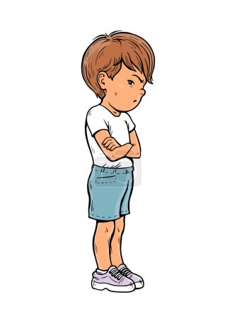 Illustration for Offended little boy. Stubborn pose. Dissatisfied and naughty child. Cartoon vector illustration isolated on white background. Hand drawn line - Royalty Free Image