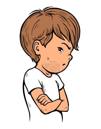 Illustration for Offended little boy. Stubborn pose. Dissatisfied and naughty child. Cartoon vector illustration isolated on white background. Hand drawn line - Royalty Free Image