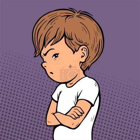 Illustration for Offended little boy. Stubborn pose. Dissatisfied child. Cartoon vector illustration pop art. Hand drawn line - Royalty Free Image