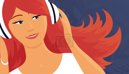Téléchargez les illustrations : La fille écoute de la musique avec des écouteurs. Joyeux visage. Concept radio podcast. Illustration vectorielle plate - en licence libre de droit