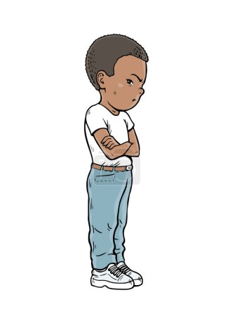 Illustration for Offended little boy. Stubborn pose. Negative emotion. Dissatisfied child. Cartoon vector illustration isolated on white background. Hand drawn line - Royalty Free Image