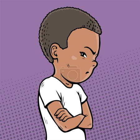 Illustration for Offended little boy. Stubborn pose. Dissatisfied child. Difficulty raising a child. Cartoon vector illustration pop art. Hand drawn line - Royalty Free Image