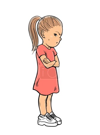 Illustration for Offended little girl. Stubborn pose. Dissatisfied child. conflict and communication difficulties. Cartoon vector illustration isolated on white background. Hand drawn line - Royalty Free Image