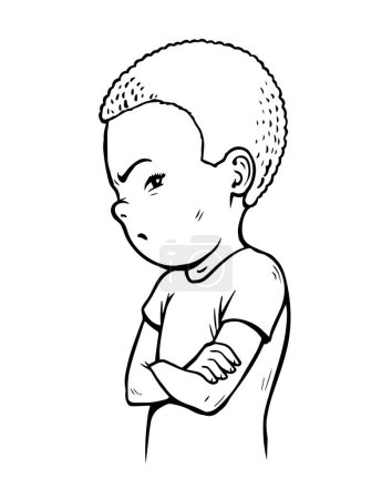 Illustration for Offended little boy. Stubborn pose. Dissatisfied child. Difficulty raising a child. Cartoon vector illustration black and white. Hand drawn sketch line - Royalty Free Image