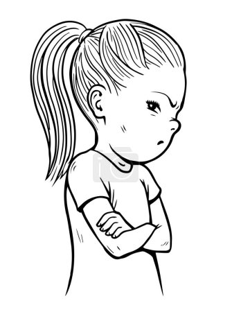 Illustration for Offended little girl. Stubborn pose. Dissatisfied child. conflict and communication difficulties. Cartoon vector illustration black and white. Hand drawn sketch line - Royalty Free Image