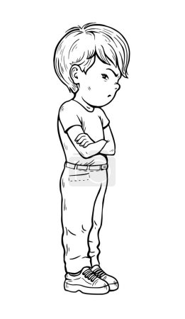 Illustration for Offended little boy. Stubborn pose. Negative emotion. Dissatisfied child. Cartoon vector illustration black and white. Sketch hand drawn line - Royalty Free Image
