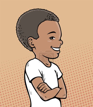 Illustration for Cartoon portrait of a little happy boy. A smile on his face. Joyful african american child. Happy childhood. Hand drawn line. Cartoon vector illustration pop art. Hand drawn line - Royalty Free Image