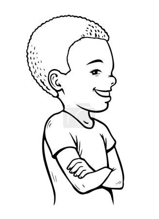Illustration for Cartoon portrait of a little happy boy. A smile on his face. Joyful African American child. Happy childhood. Hand drawn line. Cartoon vector illustration. Black and white sketch - Royalty Free Image