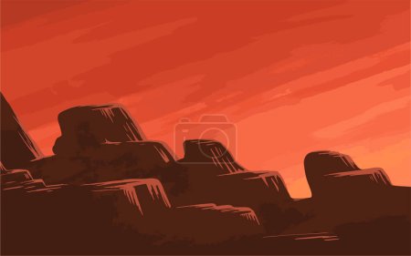 Téléchargez les illustrations : Planète Mars. Un ciel rouge dramatique avec une lueur du soleil ou un éclair. Silhouette de roches sur un fond coloré. Beau paysage fantastique. Illustration d'art vectoriel - en licence libre de droit