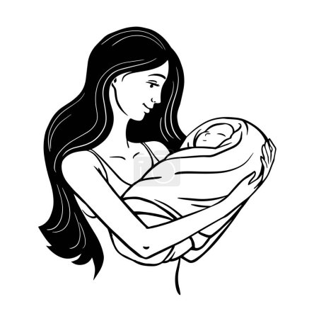 Una madre joven con un bebé. Amor y cuidado materno. Los padres son felices. Nueva vida. Ilustración de arte vectorial en blanco y negro. Bosquejo dibujado a mano