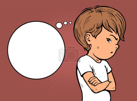 Illustration for Offended little boy. Bubble for text. Stubborn pose. Dissatisfied child. Cartoon vector illustration pop art. Hand drawn line, comic style - Royalty Free Image