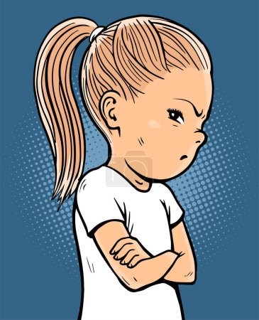 Offended little girl. Stubborn pose. Gloomy face. Dissatisfied child. conflict and communication difficulties. Cartoon vector illustration pop art. Hand drawn outline