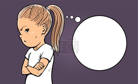 Illustration for Offended little girl. Stubborn pose. Gloomy face. Dissatisfied child. Conflict and communication difficulties. Cartoon vector illustration pop art. Hand drawn outline - Royalty Free Image