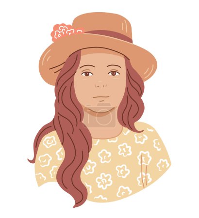Illustration for Portrait of a little girl in a straw hat. Cute face. Summer clothes. Happy childhood. Cartoon vector illustration isolated on white background - Royalty Free Image