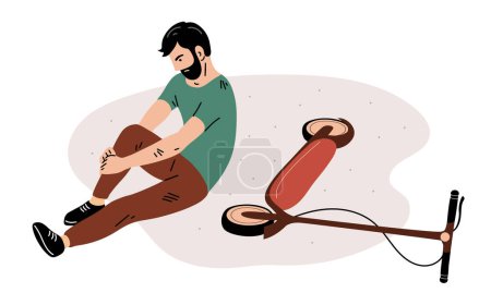 Illustration for The man fell off his scooter. Transport accident. Careless driving on the road. Leg injury. Vector illustration isolated on white background - Royalty Free Image