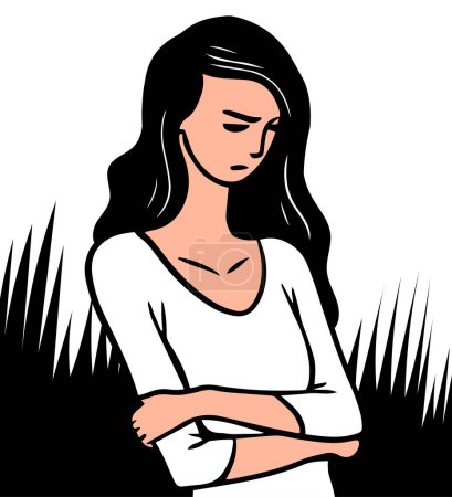 Junge Frau traurig. Verletzte Gefühle und Wut. Vektorillustrationszeichnung. Handgezeichnete Pop Art