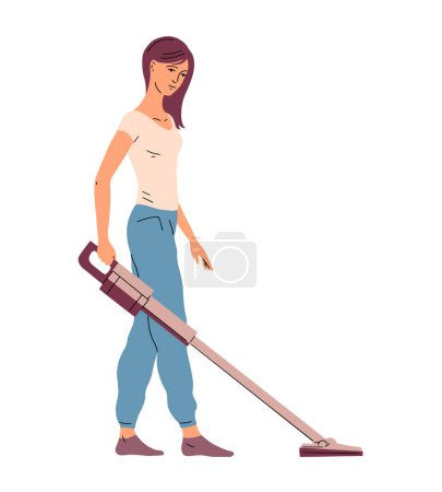 Frau mit Hausstaubsauger. Das Mädchen putzt das Zimmer. Akku-Staubsauger. Vektor-Illustration isoliert auf weißem Hintergrund