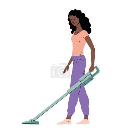 Frau mit Hausstaubsauger. Das Mädchen putzt das Zimmer. Akku-Staubsauger. Vektor-Illustration isoliert auf weißem Hintergrund