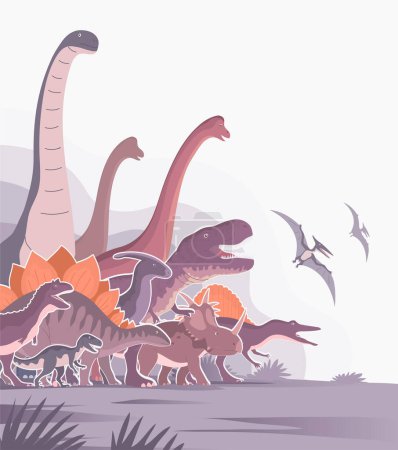 Group of large dinosaurs. T rex, brachiosaurus, stegosaurus. Jurassic animals. Children toys, attraction and entertainment park. Cartoon vector illustration