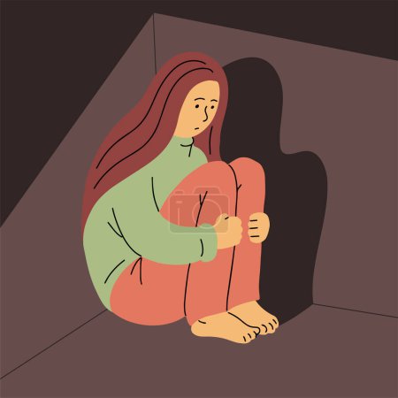 Sad young woman. Sitting in the corner. Fear, depression and social phobia. Teen character. Flat vector illustration