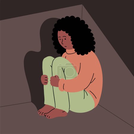 Sad young woman. Sitting in the corner. Fear, depression and social phobia. Teen character. Flat vector illustration