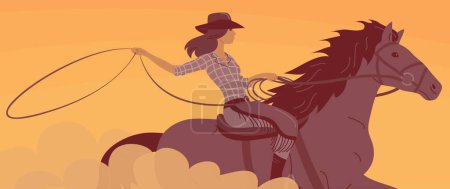 Schöne Cowboy-Mädchen mit Hut reitet ein Pferd. Wüste und heißer Sonnenuntergang. Sportlich agile Frau schwingt Seil-Lasso. Wild West Landschaft, Western, Rodeo und Pferderennen. Zeichentrickvektorillustration