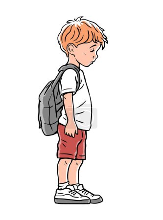 Kleiner Schuljunge mit Rucksack. Müde, traurig und schuldig. Zeichentrickvektorillustration isoliert auf weißem Hintergrund. Handgezeichnete Linie