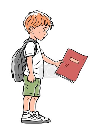 Little schoolboy boy with a backpack. School diary with bad grade. Failure at school. Tired, sad and guilty. Cartoon vector illustration isolated on white background. Hand drawn line