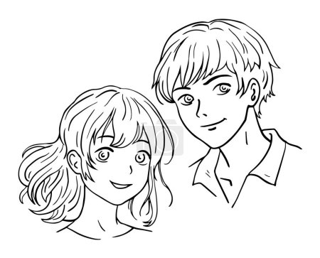 Glücklicher Junge und Mädchen. Junges Paarporträt. Ein Lächeln auf dem Gesicht. Glückliche Menschen. Zeichentrickanime-Stil. Vektorillustration. Schwarz-weißer Manga-Sketch