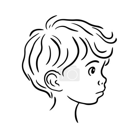 Porträt eines süßen kleinen Jungen. Das Gesicht ist voller Überraschung und Fassungslosigkeit. Kindheit und Kinder. Cartoon Schwarz-Weiß-Vektorillustration auf weißem Hintergrund