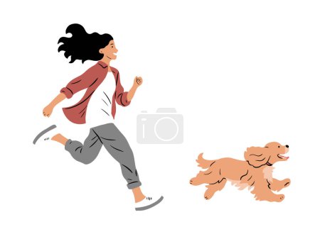 Une jeune fille court avec un chien épagneul. Du plaisir et de la joie. Un ami animal. Illustration d'art vectoriel plat isolé sur fond blanc