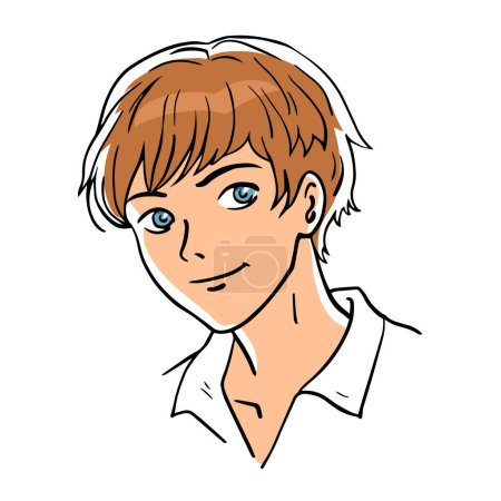 Happy boy portrait. On the face of a smile. Happy young man. Cartoon anime style. Vector illustration. Sketch style manga