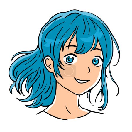 Glückliches Mädchenporträt. Ein Lächeln auf dem Gesicht. Glückliche junge Frau. Zeichentrickanime-Stil. Vektor-Illustration isoliert auf weißem Hintergrund. Sketch-Stil Manga