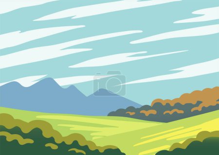 Summer landscape of nature. Panorama with green forests, hill, fields and sky with clouds. Rural scener. Cartoon vector illustration for background