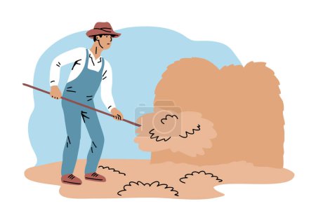 Téléchargez les illustrations : Fermier villageois ramassant du foin dans une pile - en licence libre de droit