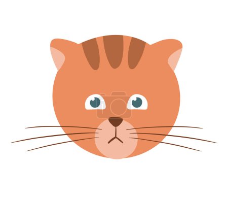 Cute striped ginger cat. Animal head and face. Sad home pet. Flat vector illustration isolated on white background