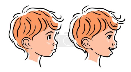 Portrait of a cute little boy. Sad and happy facial expression. Childhood and children. Cartoon vector illustration on white background. Art hand drawn