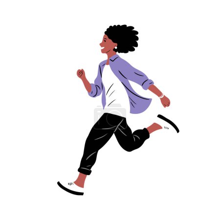 A young girl runs. Happy smile. Fun and joy. Energetic and healthy lifestyle. Flat vector art illustration isolated on white background