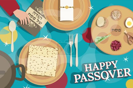 A dinner table is prepared especially for HAPPY PASSOVER - a traditional Jewish holiday also called the SPRING HOLIDAY. Caption in Hebrew: Pesach Hagada. Vector illustration in flat style