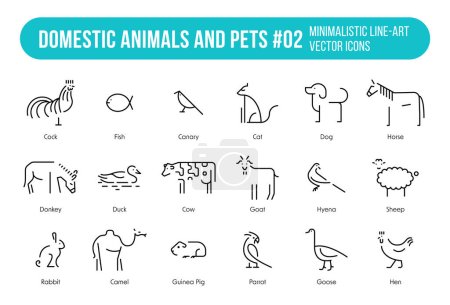 Animaux domestiques et animaux domestiques Ensemble d'icônes minimalistes Illustration Simple Line - La collection comprend dix-huit animaux qui conviennent à l'éducation ou aux catégories