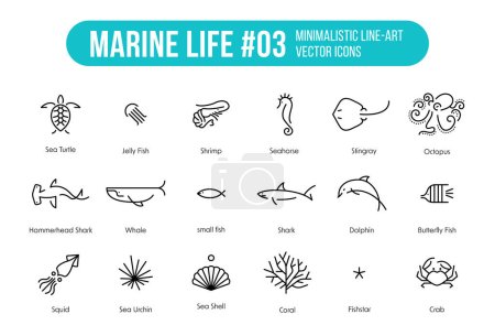 Téléchargez les illustrations : Vie marine Ensemble d'icônes minimalistes Illustration Simple Line - La collection comprend dix-huit poissons et animaux marins qui conviennent à l'éducation ou aux catégories - en licence libre de droit