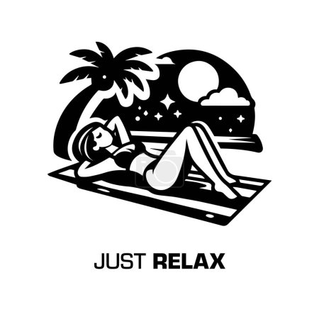 Frau genießt Sonnenbaden an einem tropischen ruhigen Strand mit einer Bildunterschrift darunter: Just Relax. Schwarz-weiße Vektorillustration