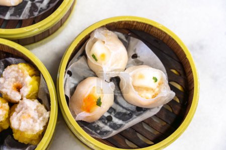 Cantonese Chinese Dim sum Food Menu with Dumplings of Shrimp and Pork