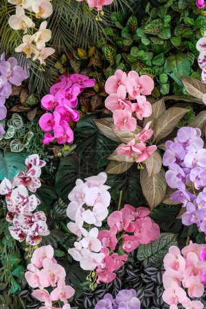 Téléchargez les photos : Imitation fleur, orchidées artificielles colorées dans le jardin. Beau fond de fleurs. - en image libre de droit